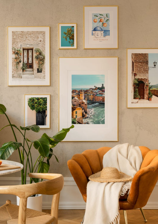 Watercolor santorini oranges poster for nursery and home wall decor.