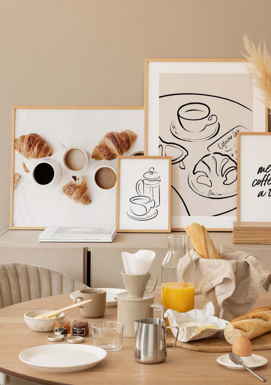Watercolor coffee line art poster for nursery and home wall decor.