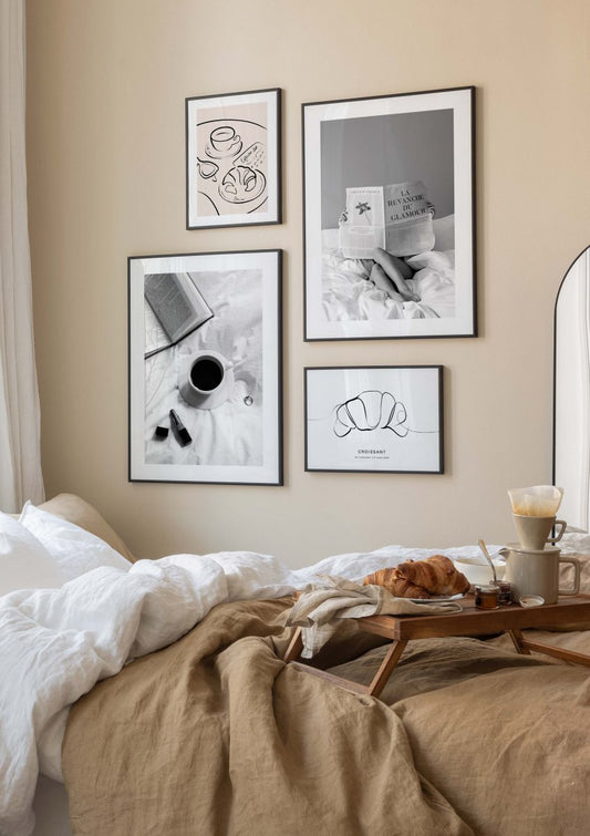 Watercolor croissant line art poster for nursery and home wall decor.