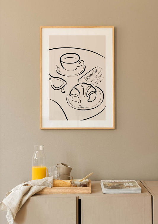 Watercolor french breakfast poster for nursery and home wall decor.
