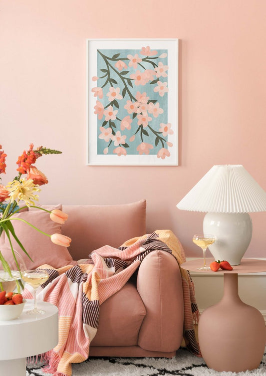 Watercolor abstract cherry blossom poster for nursery and home wall decor.