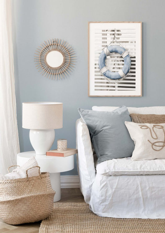 Watercolor blue lifebuoy poster for nursery and home wall decor.