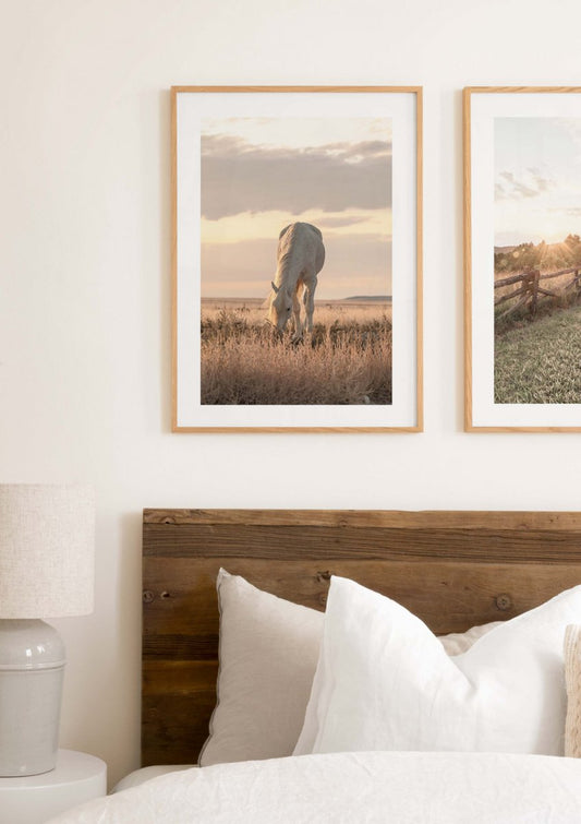 Watercolor horse in sunset poster for nursery and home wall decor.