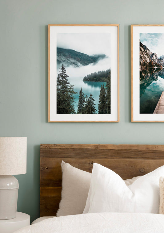 Watercolor cloudy mountain lake poster for nursery and home wall decor.