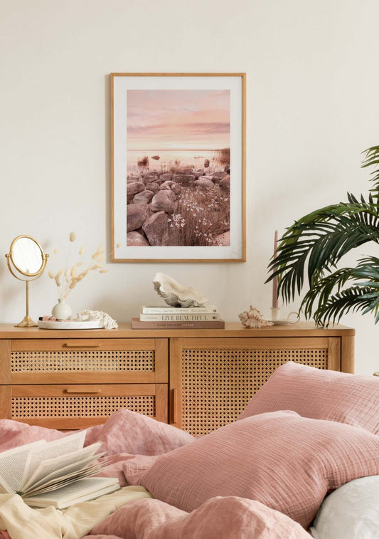 Watercolor calm lake sunset poster for nursery and home wall decor.