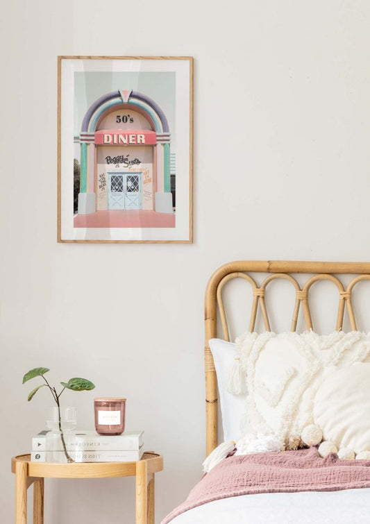 Watercolor peggy sue's diner poster for nursery and home wall decor.
