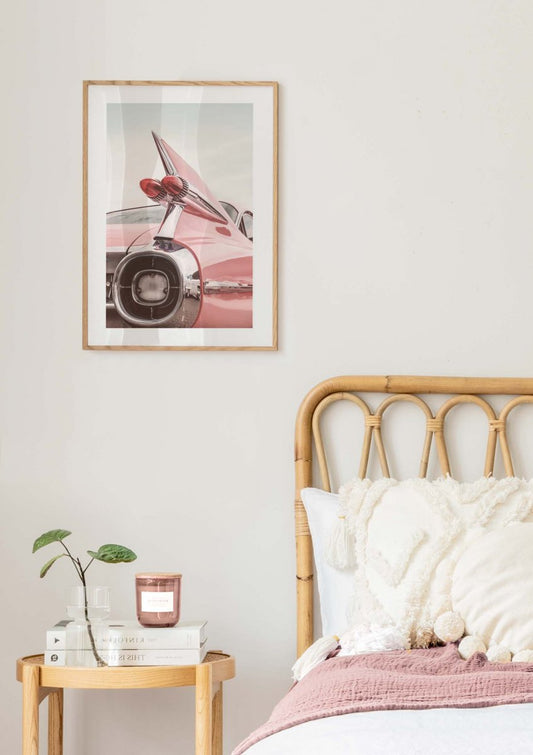 Watercolor retro pink car poster for nursery and home wall decor.
