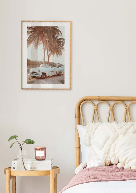 Watercolor retro car on beach poster for nursery and home wall decor.
