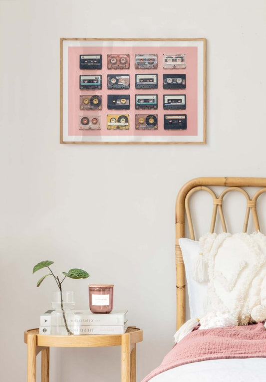 Watercolor retro mix tapes poster for nursery and home wall decor.