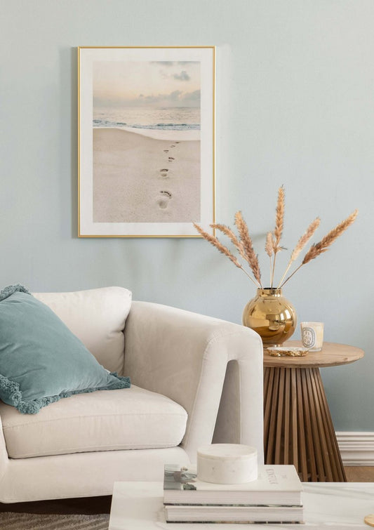 Watercolor sand footprints poster for nursery and home wall decor.