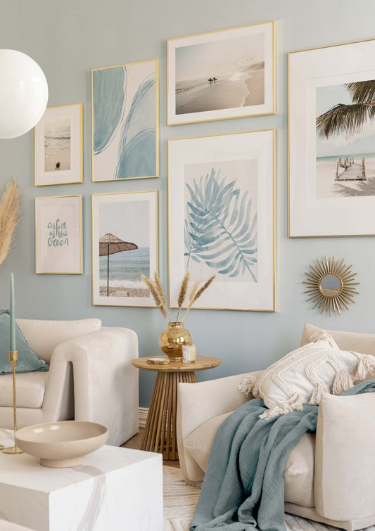 Watercolor calm beach surf poster for nursery and home wall decor.