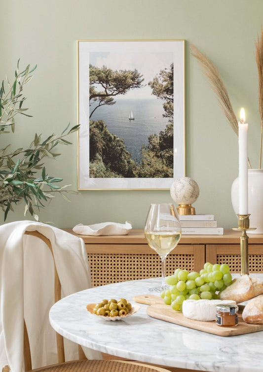 Watercolor tuscany boat poster for nursery and home wall decor.