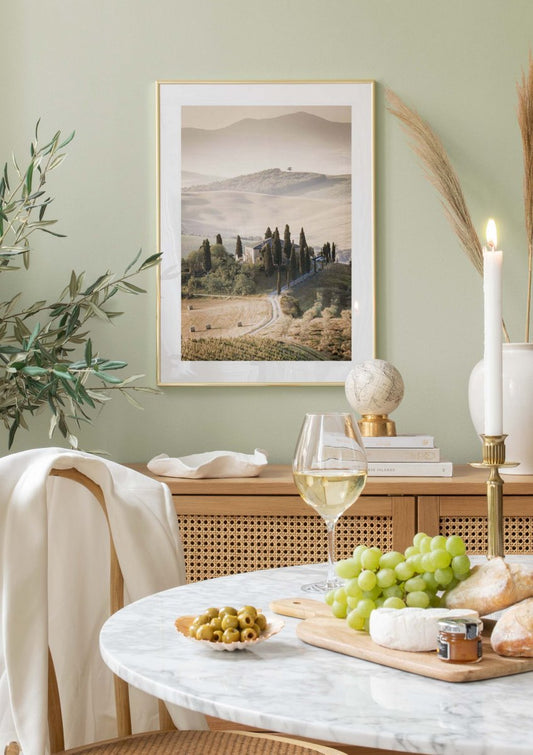 Watercolor tuscany hills landscape poster for nursery and home wall decor.