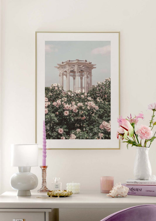 Watercolor rose pavilion poster for nursery and home wall decor.