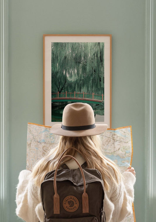 Watercolor bridge under willow tree poster for nursery and home wall decor.