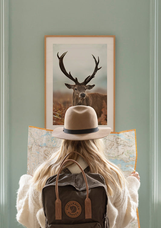 Watercolor forest stag poster for nursery and home wall decor.