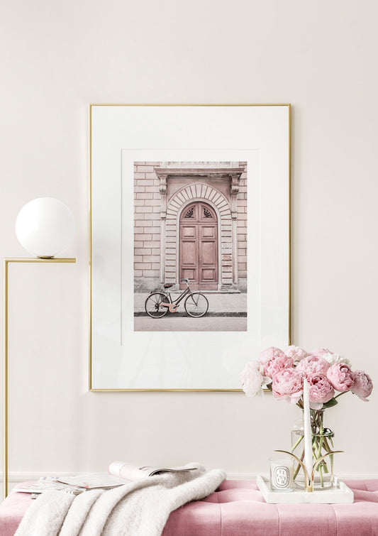 Watercolor pale pink facade poster for nursery and home wall decor.