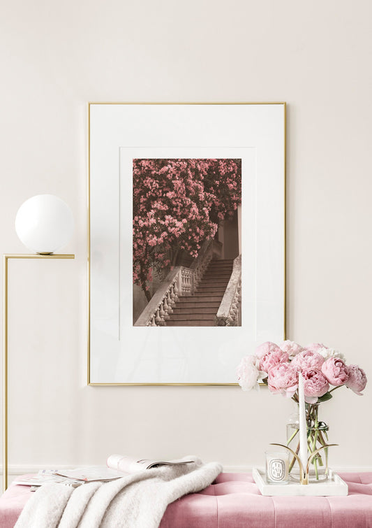 Watercolor flower staircase poster for nursery and home wall decor.