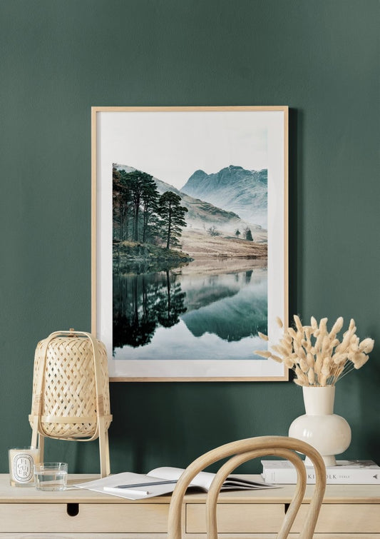 Watercolor trees by the lake poster for nursery and home wall decor.
