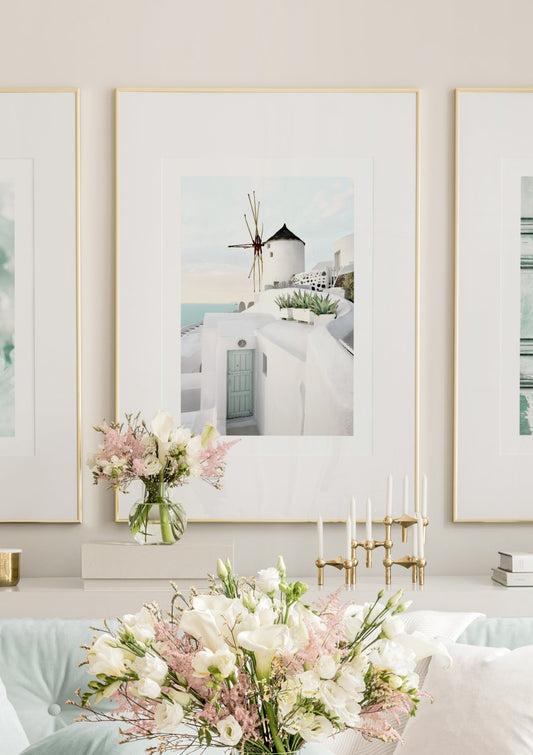 Watercolor santorini view poster for nursery and home wall decor.