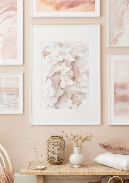 Watercolor white hydrangea poster for nursery and home wall decor.