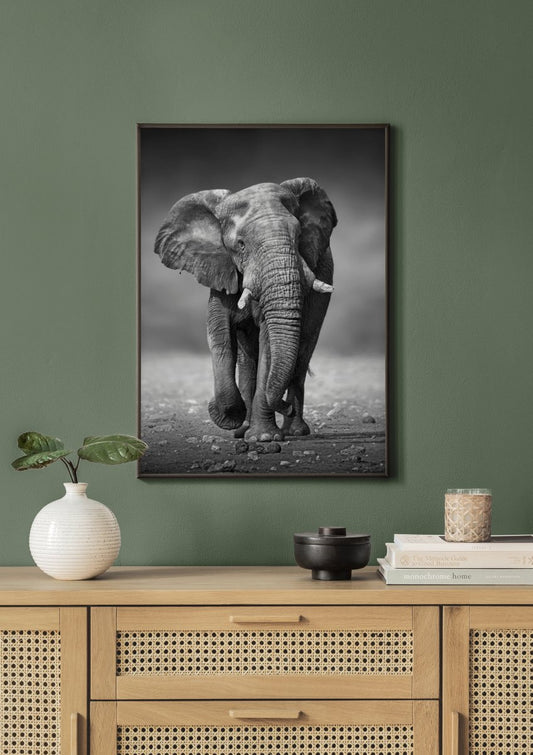 Watercolor majestic elephant poster for nursery and home wall decor.