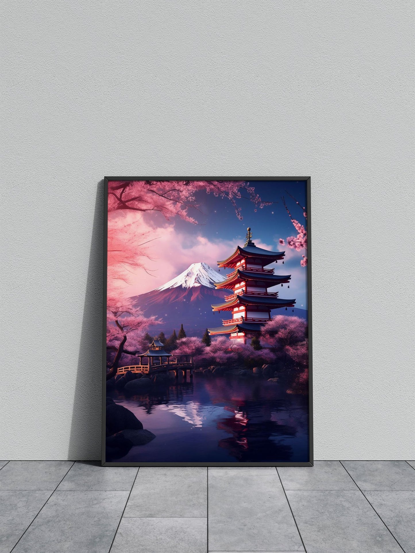 pagoda Japan Fuji Cherry Asian Style Poster |  Wall Art for Home & Office | High-Quality Print