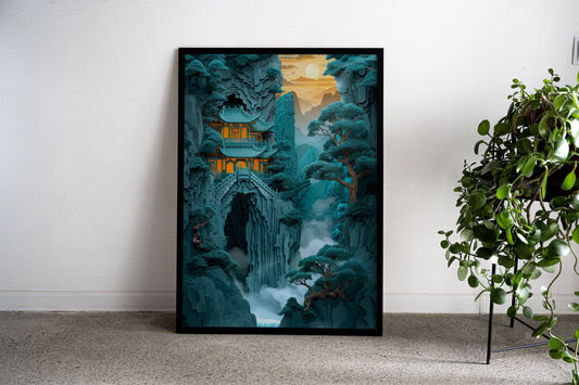 papercut Chinese temple Asian Style Poster |  Wall Art for Home & Office | High-Quality Print