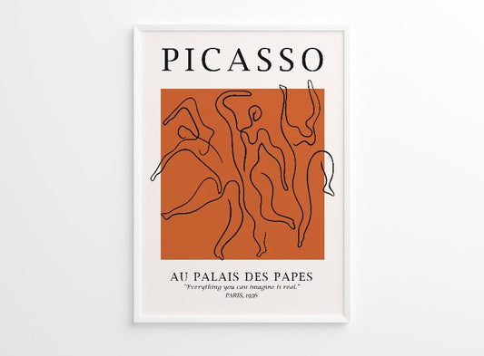 Set of Three Orange Abstract Line Art Inspired by Picasso