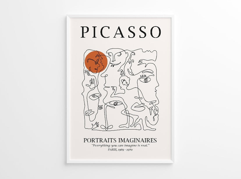 Set of Three Orange Abstract Line Art Inspired by Picasso