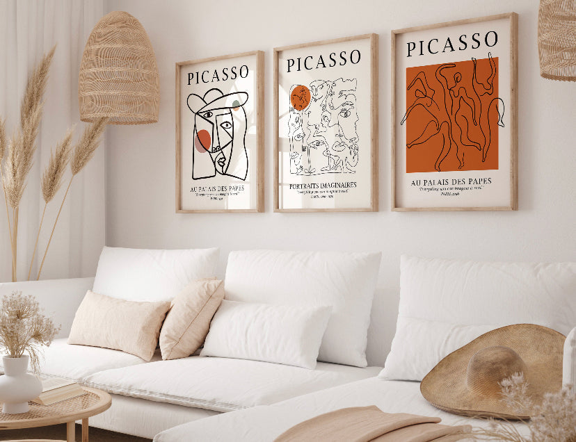Set of Three Orange Abstract Line Art Inspired by Picasso