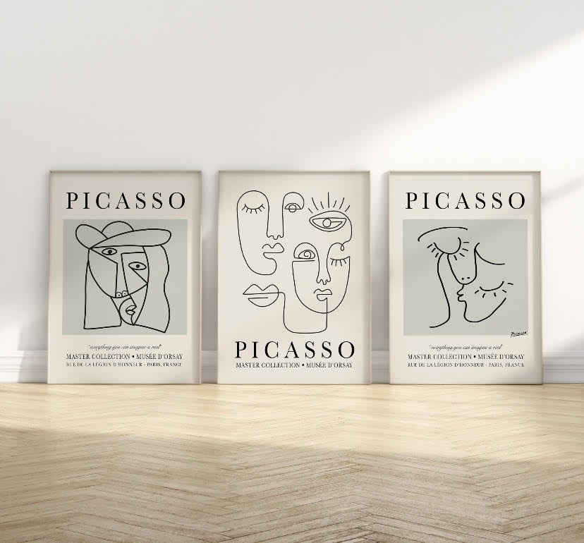 Set of Three Picasso Poster Prints | Iconic Artist Wall Art | Grey Picasso Print Collection