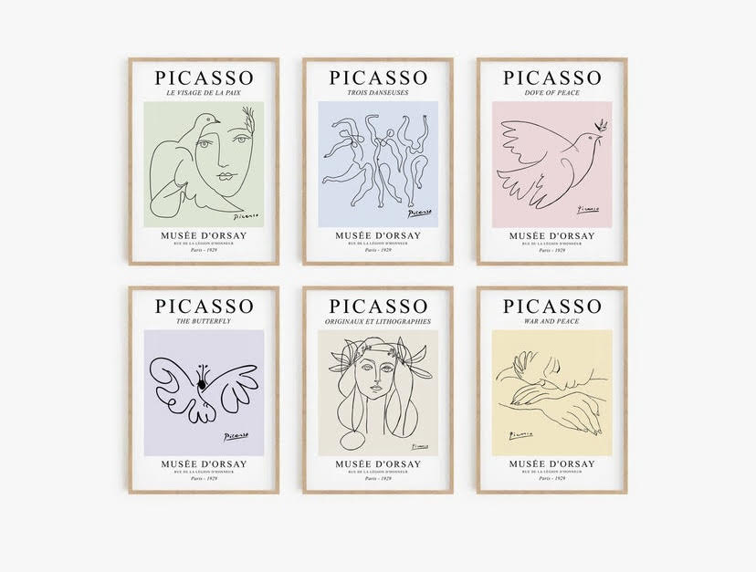 Six-Piece Abstract Pastel Gallery Wall Print Set Inspired by Picasso