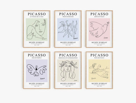 Six-Piece Abstract Pastel Gallery Wall Print Set Inspired by Picasso