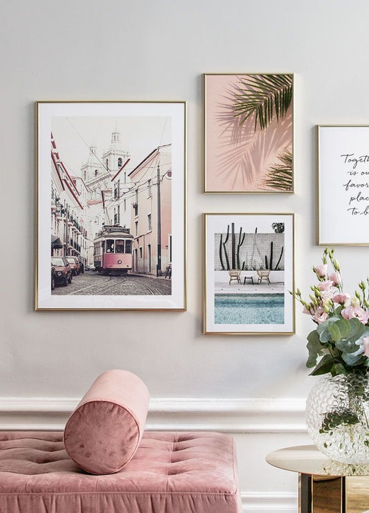 Watercolor pink wall palms poster for nursery and home wall decor.