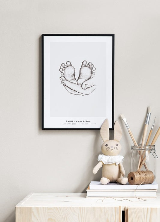 Watercolor baby feet personal poster for nursery and home wall decor.