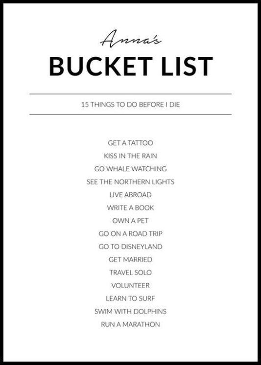 Watercolor bucket list personal poster for nursery and home wall decor.
