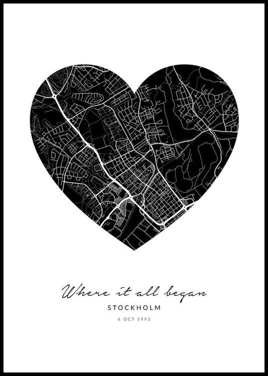Watercolor heart map black personal poster for nursery and home wall decor.