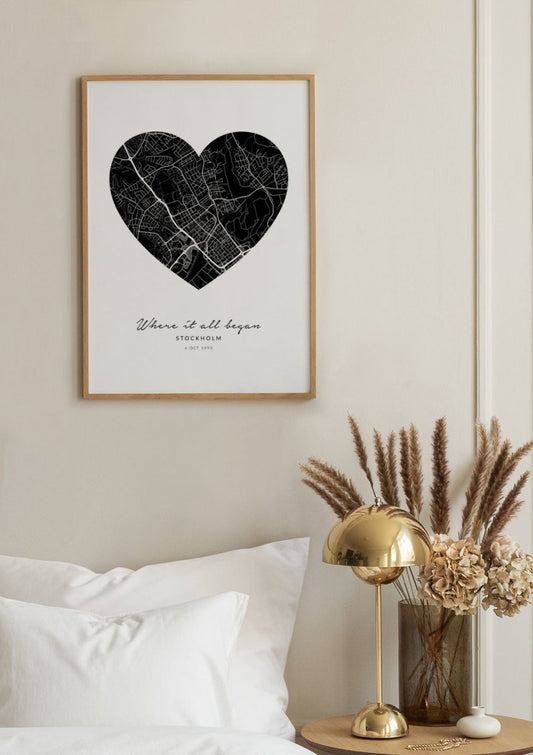 Watercolor heart map black personal poster for nursery and home wall decor.