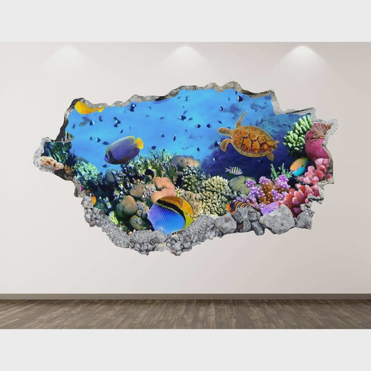 Aquarium Ocean Wall Decal - Sea Animals 3D Smashed Wall Art Sticker Kids Room