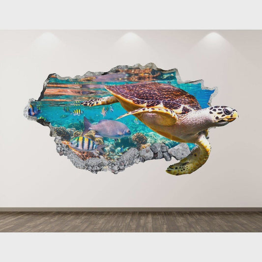 Turtle Wall Decal - Animal Ocean 3D Smashed Wall Art Sticker Kids Decor Vinyl