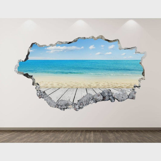 Beach View Wall Decal - Sea 3D Smashed Wall Art Sticker Kids Decor Vinyl Home