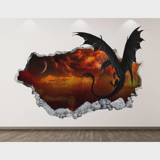 Dragon Wall Decal - Space Fire Fantasy 3D Smashed Wall Art Sticker Kids Decor