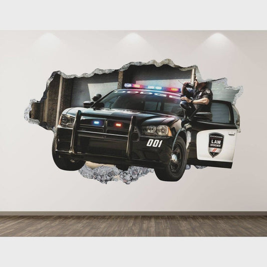 Police Car Wall Decal - Sport 3D Smashed Wall Art Sticker Kids Decor Vinyl