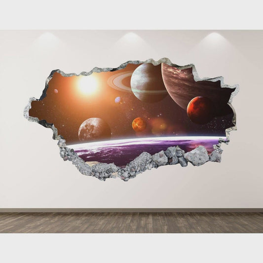 Space Wall Decal - Galaxy Planets 3D Smashed Wall Art Sticker Kids Decor Vinyl