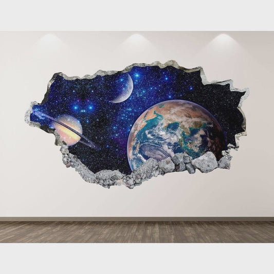 Space Wall Decal - Earth Planet 3D Smashed Wall Art Sticker Kids Room Decor