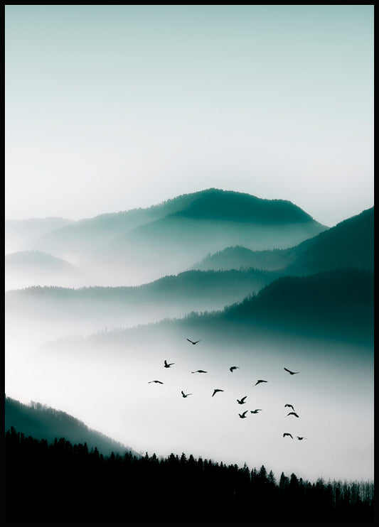 Watercolor birds over mountain poster for nursery and home wall decor.