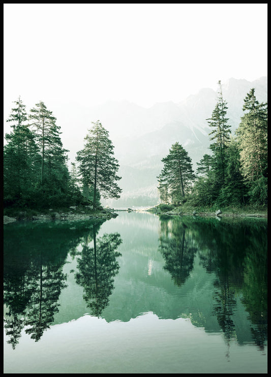 Watercolor foggy forest reflection poster for nursery and home wall decor.