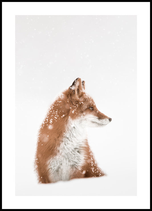 Watercolor fox in snow poster for nursery and home wall decor.