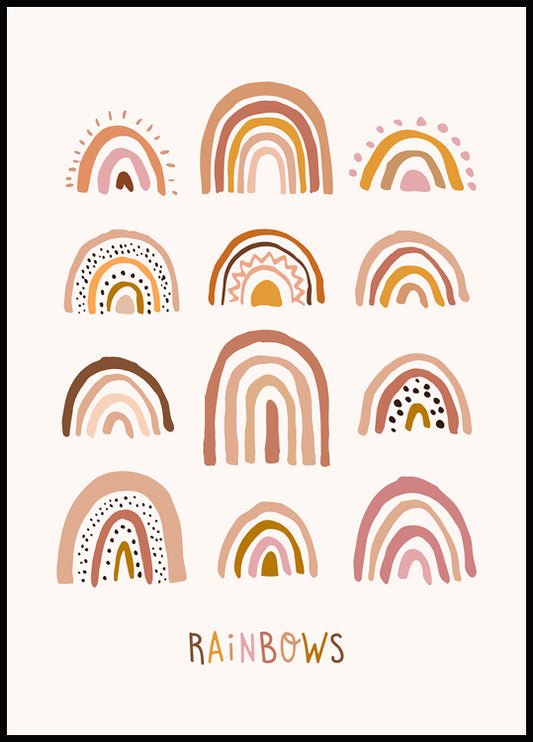 Watercolor playful rainbows poster for nursery and home wall decor.